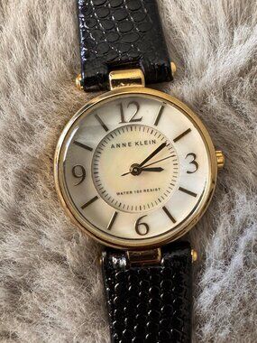Anne Klein Gold Tone Watch Black Faux Croc Strap Classic Dress Watch